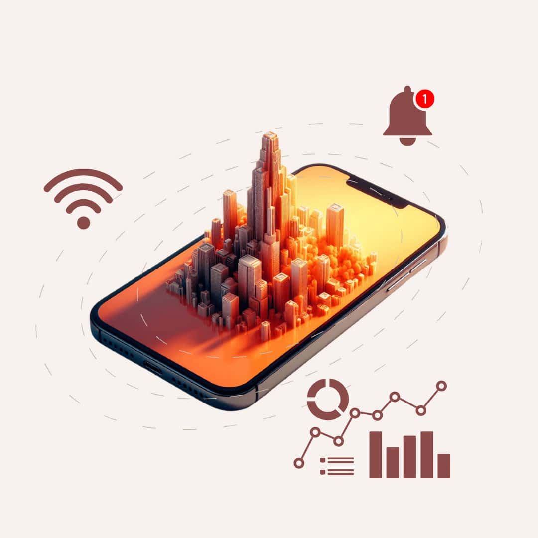 Smartphone affichant l’application / logiciel de suivi de chantier D.C.A Building, avec icônes de connectivité, alertes et tableaux de bord pour les maîtres d’œuvre et le pilote OPC, facilitant les contrôles sur le chantier en temps réel.