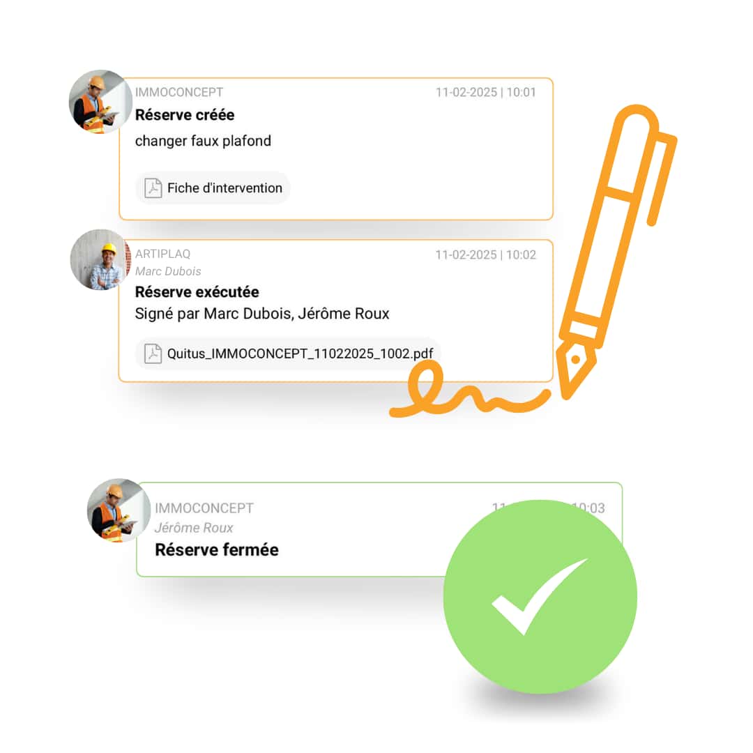 Illustration du processus de levée de réserve dans D.C.A Building, où le maître d’œuvre ou le pilote OPC effectue les contrôles sur le chantier et valide les levées de réserves via signature numérique, assurant un suivi rigoureux avec le logiciel de suivi de chantier.