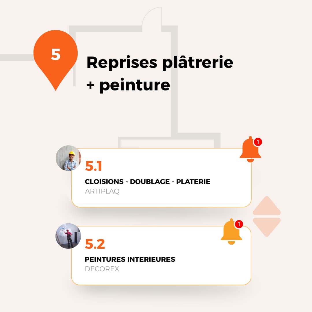 Illustration de la fonctionnalité de réserves en cascade sur D.C.A Building, permettant aux maîtres d’œuvre et pilotes OPC de coordonner les contrôles sur le chantier entre plusieurs corps d’état grâce au logiciel de suivi de chantier.
