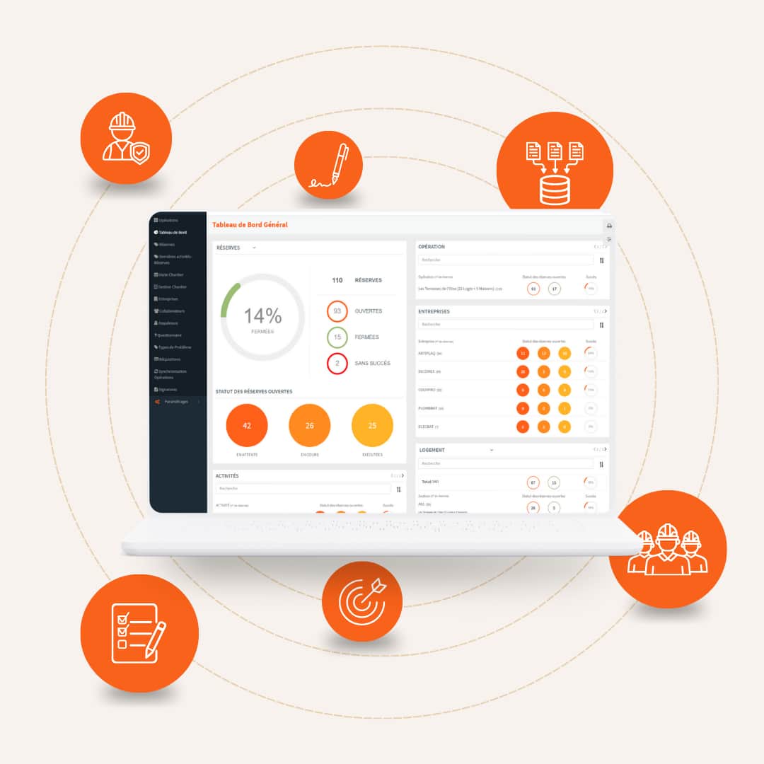 Tableau de bord sur le logiciel de suivi de chantier D.C.A Building pour le compte de la Maîtrise d'ouvrage / Assistant à maîtrise d'ouvrage / maîtres d'ouvrage : suivi des réserves ouvertes, fermées, en cours et performance des entreprises