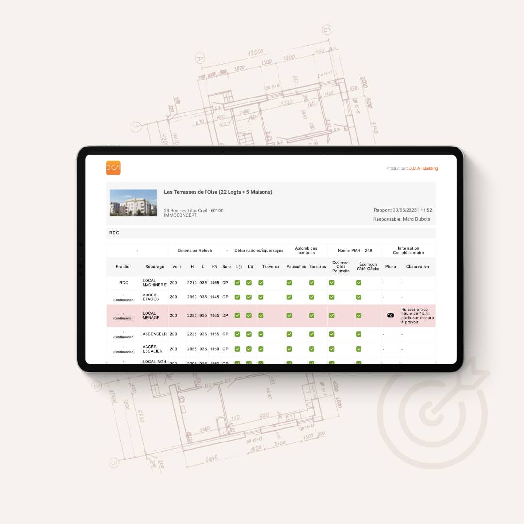 Rapport d’auto-contrôle généré sur le logiciel de suivi de chantier D.C.A Building, utilisé par les entreprises spécialisées du gros œuvre et du second œuvre pour assurer la qualité et le contrôle des interventions.