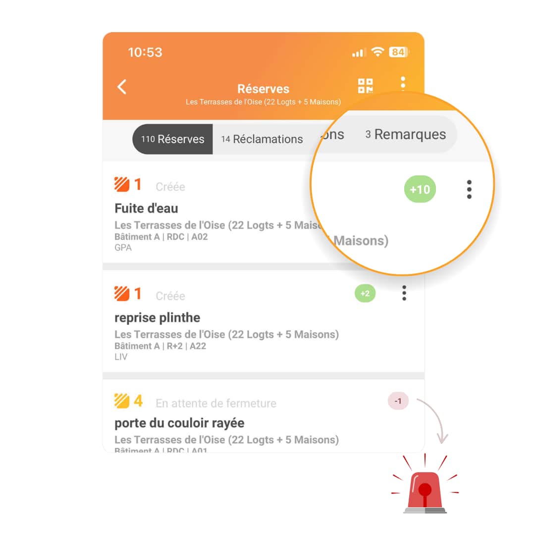 Listing des réserves affiché sur mobile dans le logiciel de suivi de chantier D.C.A Building, facilitant pour les entreprises spécialisées du gros œuvre et du second œuvre le suivi des priorités, échéances et auto-contrôles.