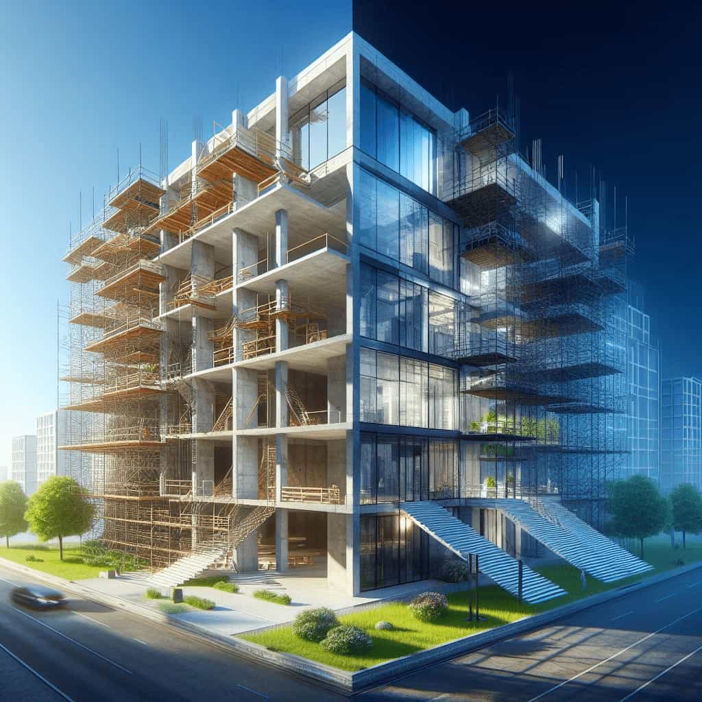 mmeuble en construction illustrant le module Contrôles et Planning du logiciel de suivi de chantier D.C.A Building, intégrant planning Gantt, contrôles qualité et fiches de contrôle numériques.