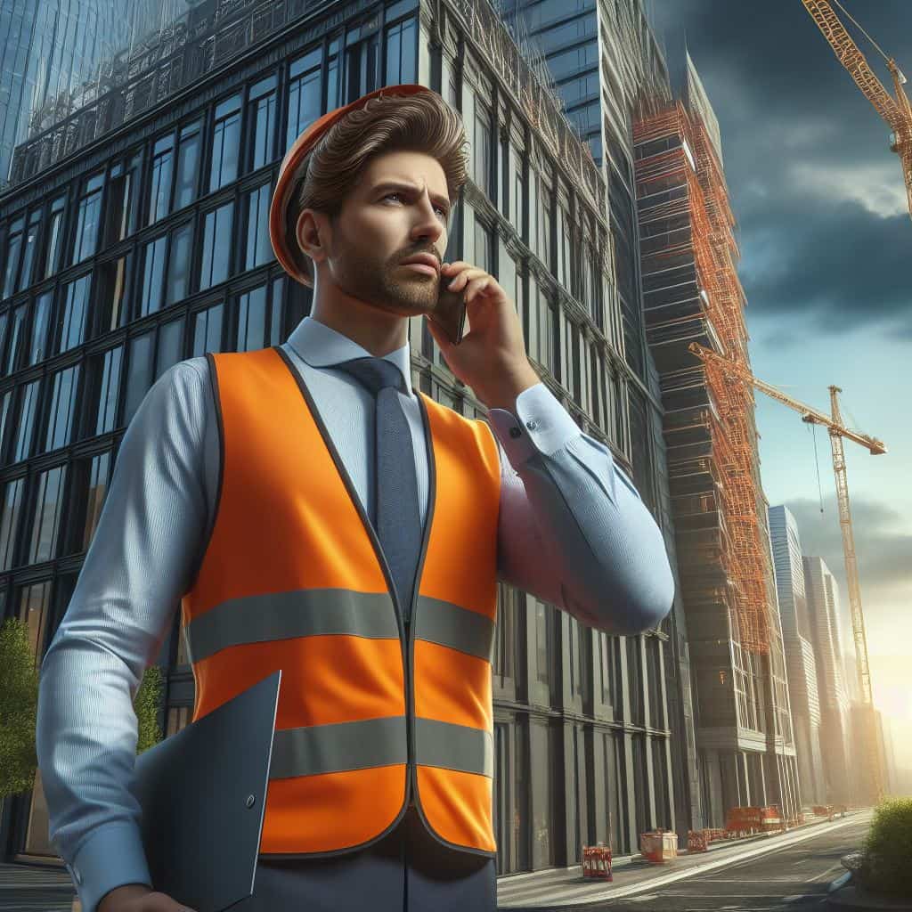 Homme au téléphone sur un chantier utilisant le module de gestion avancée des acquéreurs de D.C.A Building, facilitant la relation client, les levées de réserves et la planification des rendez-vous en phase de SAV.