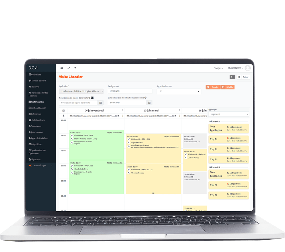 Calendrier de prise de rendez-vous affiché dans le module de gestion avancée des acquéreurs de D.C.A Building, permettant à la MOA et à l’AMO de planifier les visites de livraison, suivre les créneaux et gérer les levées de réserves