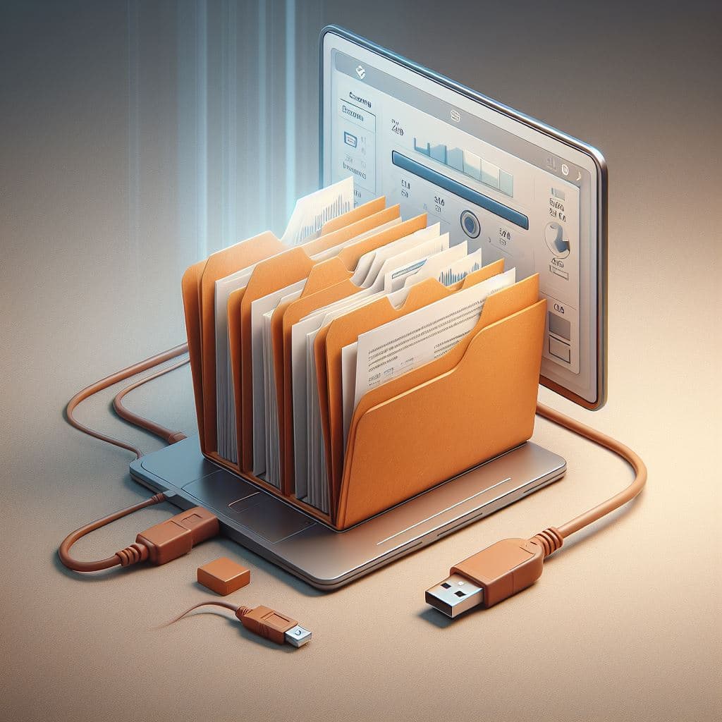 Classeur de documents papier connecté à un ordinateur illustrant la Gestion Électronique des Documents (GED) de D.C.A Building, intégrée au logiciel de suivi de chantier avec circuits de validation et signature numérique.