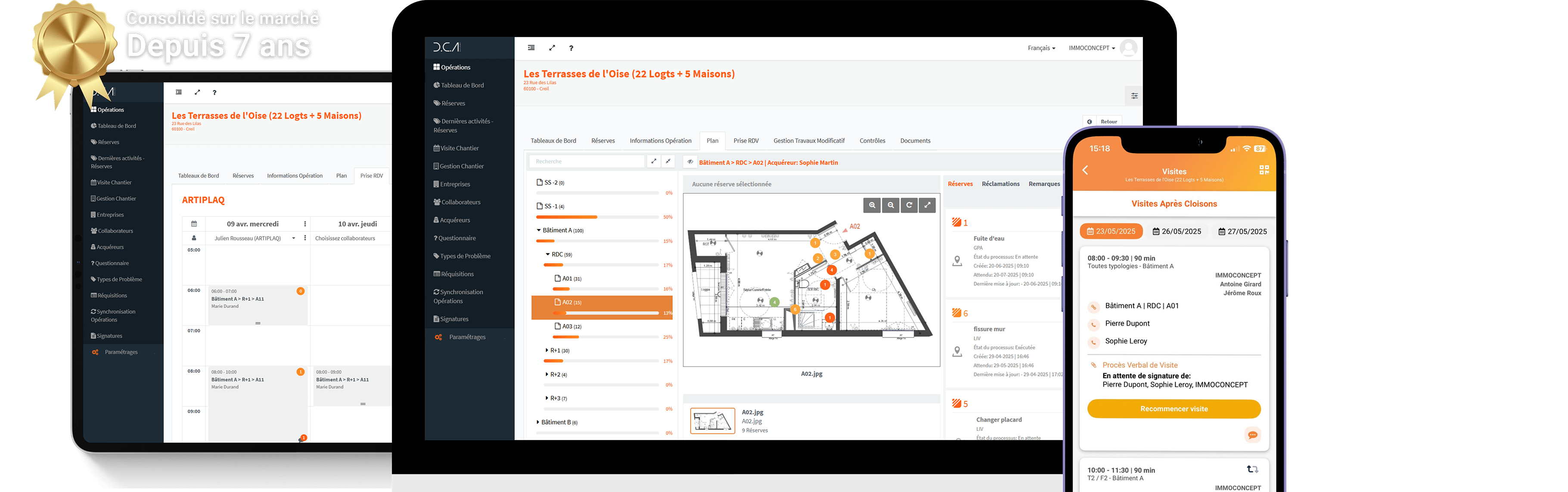 Plusieurs captures d’écran du logiciel de suivi de chantier D.C.A Building montrant le suivi du gros œuvre (gestion des réserves) jusqu’au SAV, dans les comptes des maîtres d’ouvrage et maîtres d’œuvre.