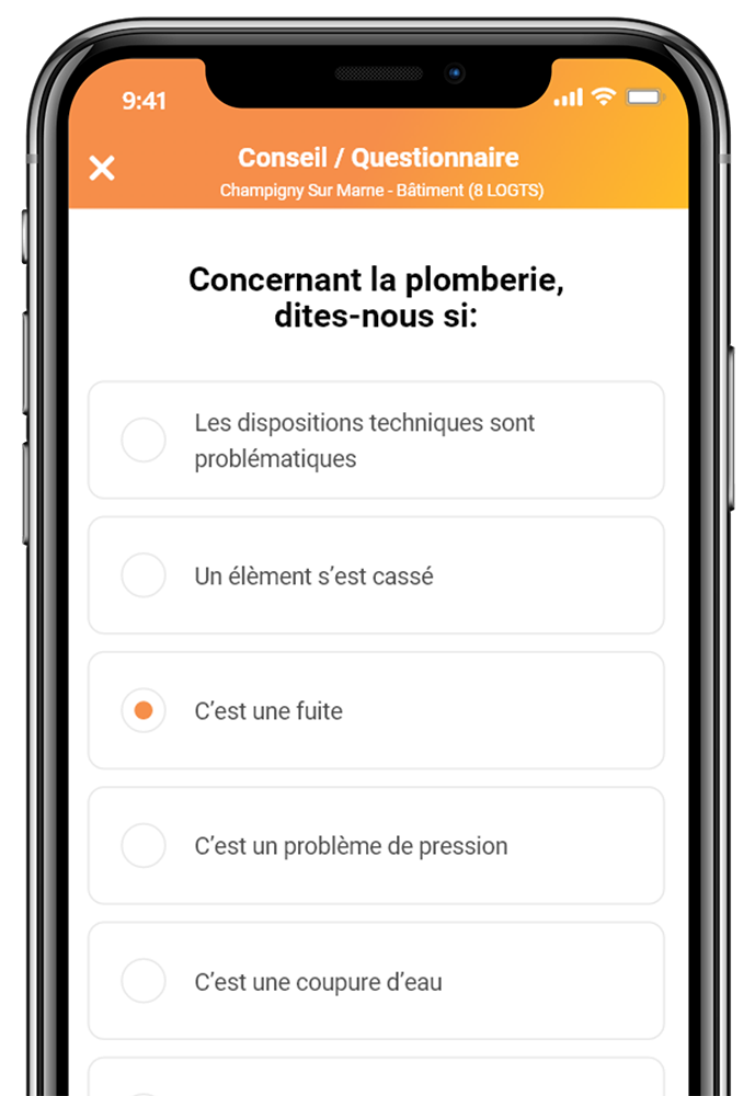 Questionnaire intelligent D.C.A Building, du module Réclamations Acquéreur, utilisé par le SAV pour filtrer les réclamations des acquéreurs, améliorer la satisfaction client et suivre la phase de SAV via l’espace client pour la MOA