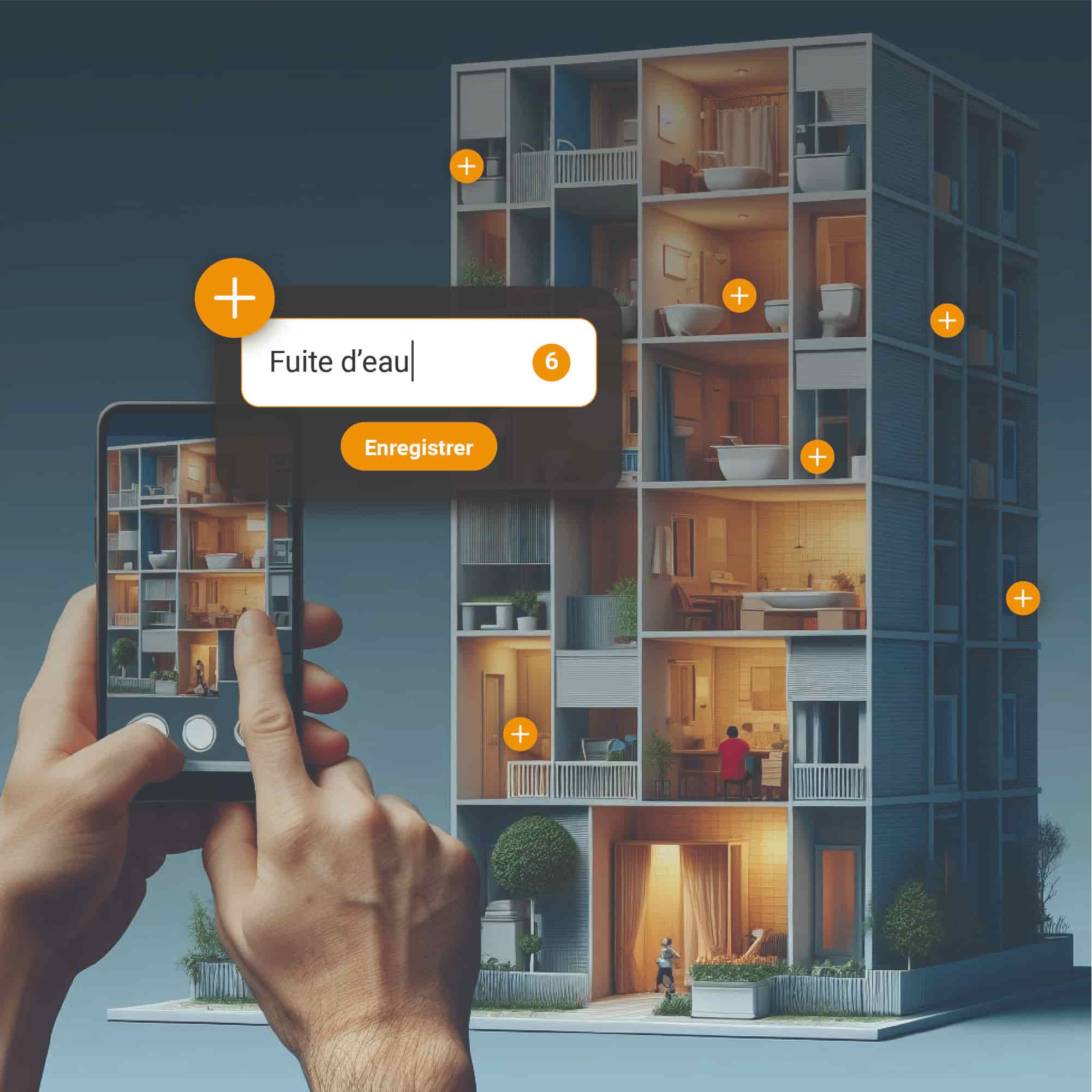 Smartphone utilisé pour photographier une réclamation acquéreur ou réserve sur le chantier via l’espace client D.C.A Building, permettant à la MOA et aux acquéreurs de suivre la phase de SAV et d’améliorer la satisfaction client.