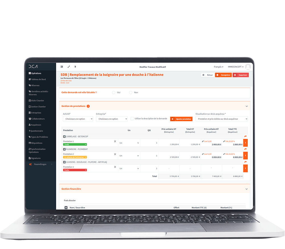 Écran d’ordinateur affichant le module TMA du logiciel de suivi de chantier D.C.A Building, présentant les prestations par corps d’état, les états de validation, les devis entreprises et les prix facturés au client final.