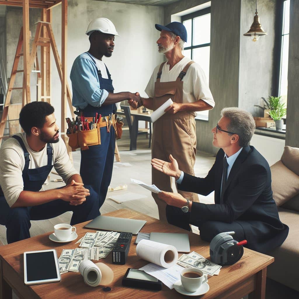 Maître d’ouvrage, maître d’œuvre et entreprise de travaux discutant de devis sur un chantier, illustrant la gestion centralisée des TMA, TS, CIE et pénalités dans le module Travaux Modificatifs du logiciel de suivi de chantier D.C.A Building.