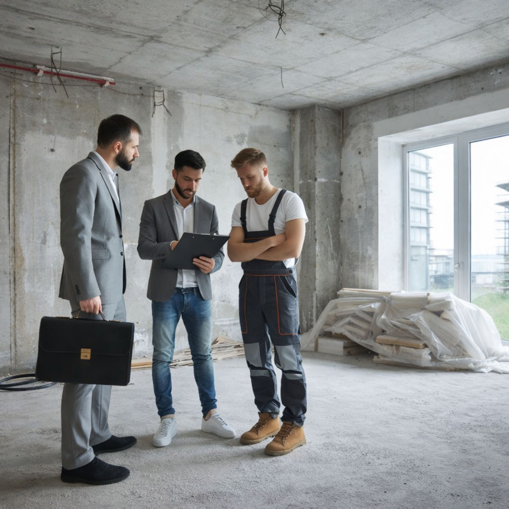 Trois professionnels (MOE, OPC et MOA) sur un chantier discutent d’un compte rendu, avec plans et documents à la main dans un bâtiment en construction.