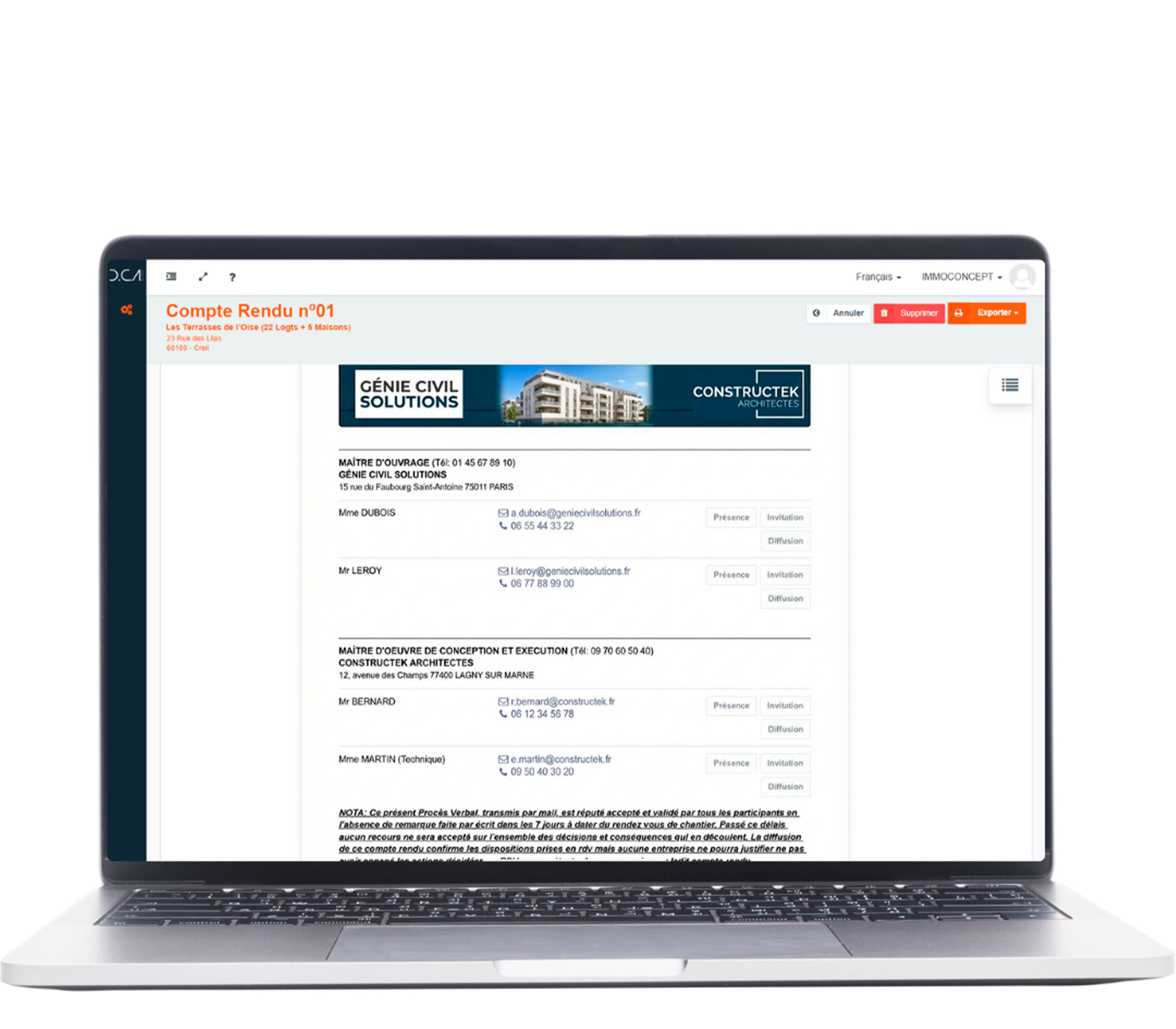 Ordinateur portable affichant un compte rendu de chantier détaillé sur l’écran.